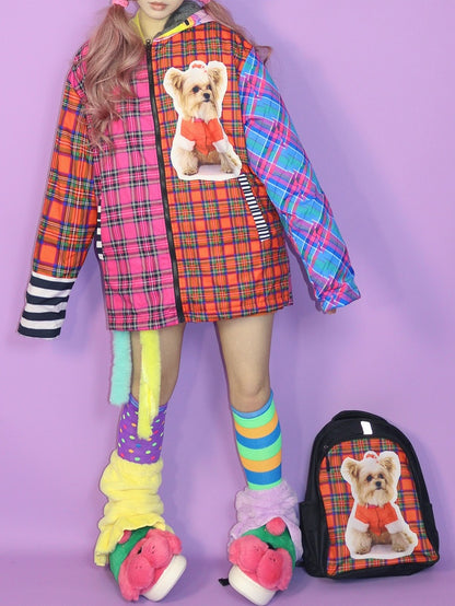 クリスマス Y2K カラフルオーバーサイズ フード付きフリース裏地ジャケット チェック柄と子犬プリント