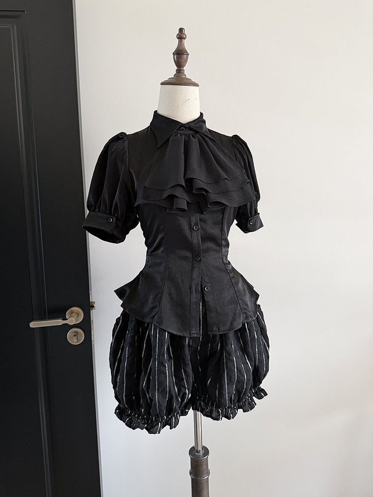 Black Sharp Collar Gothic Lolita Short Sleeves Blouse Jabot Tie - Flower Fairy Daily