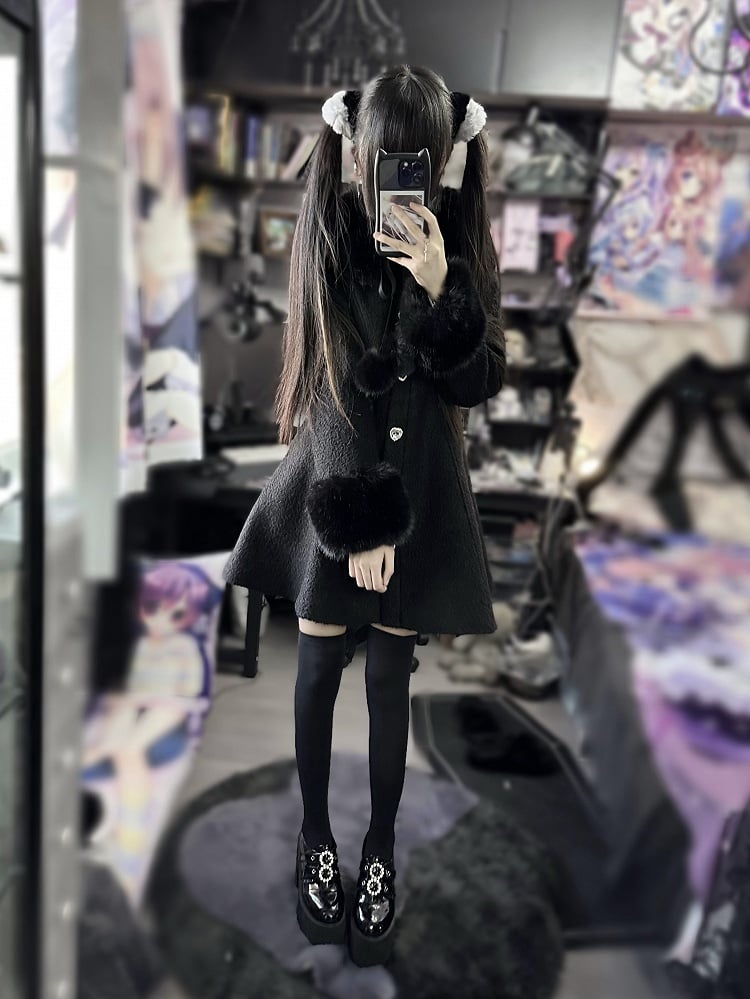 and Furry with Coat Kei Jirai Black Cuffs Slim-Fit Rhinestone-Embellished Collar