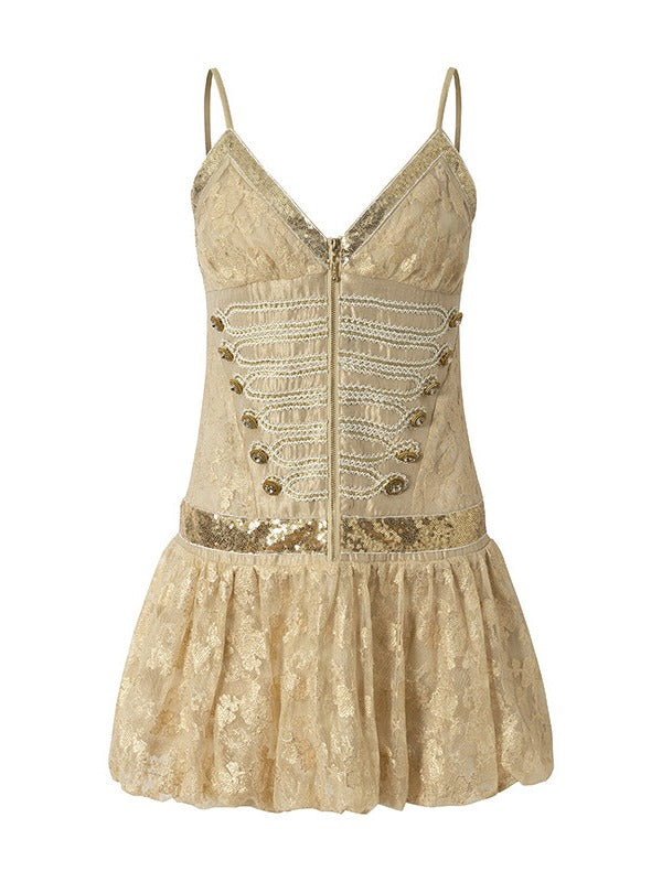 Golden Jacquard Cami Dress with Sequin Accents - NO ROMANCE