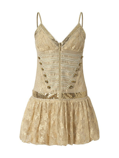 Golden Jacquard Cami Dress with Sequin Accents - NO ROMANCE
