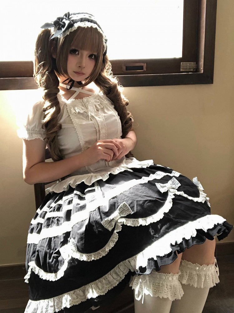 Black & White Bow Lace-Trimmed Skirt - Hana Studio