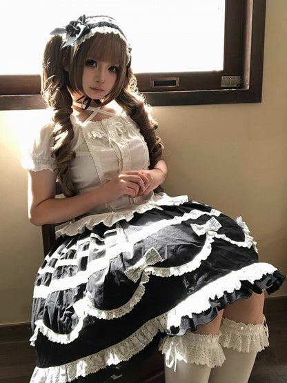 Black & White Bow Lace-Trimmed Skirt - Hana Studio