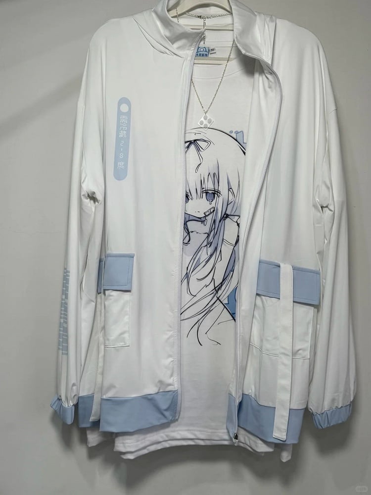 Hooded Full-Zip with - Blue Tenshi Jacket Banded Front Protection Kaiwai Sun Light Collar