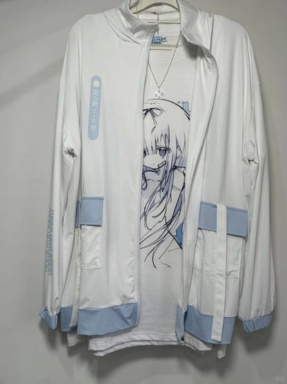 Hooded Full-Zip with - Blue Tenshi Jacket Banded Front Protection Kaiwai Sun Light Collar