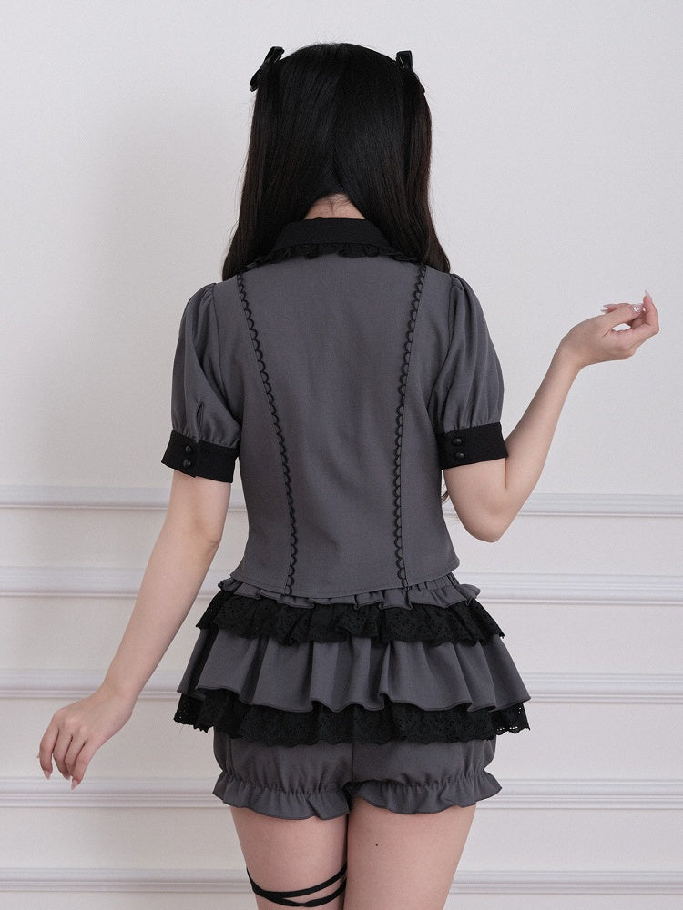 Gray Jirai Kei Double-Breasted Short Sleeve Top with Ruffle Details - No Genki