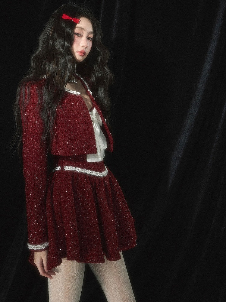 Christmas Red Bead Details Tweed Cropped Jacket