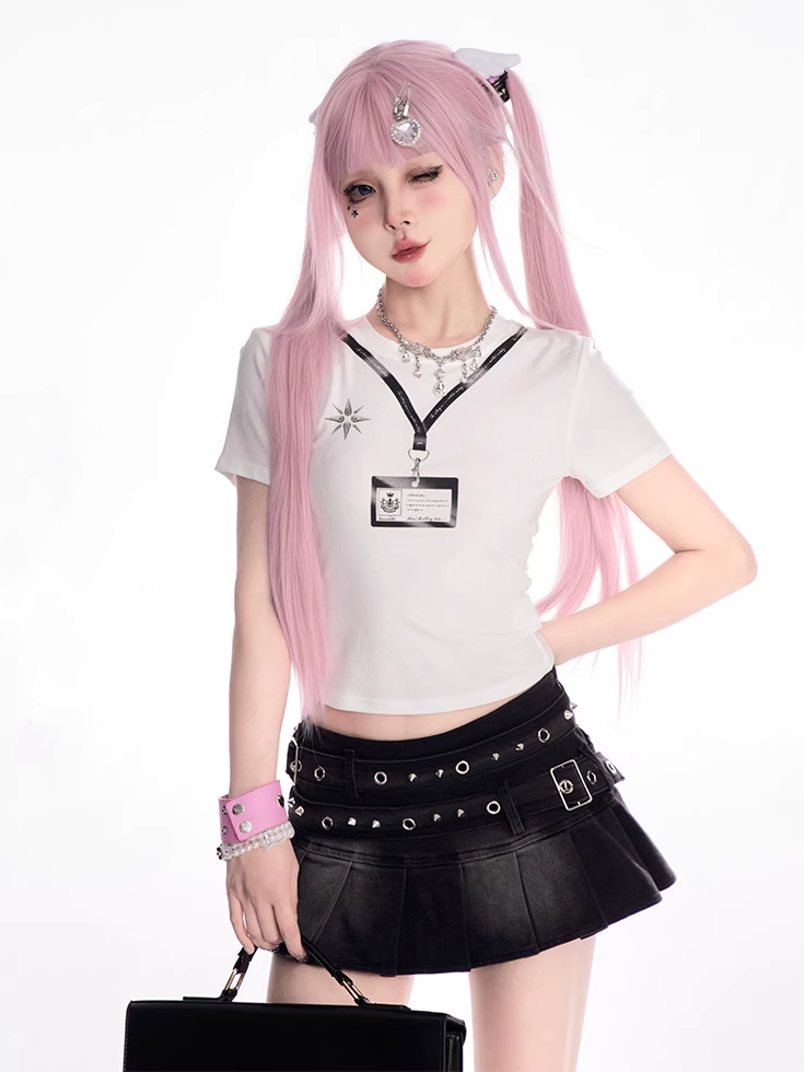 T-Shirt Weiß Rundhals Kartenhalter Print Slim-Fit
