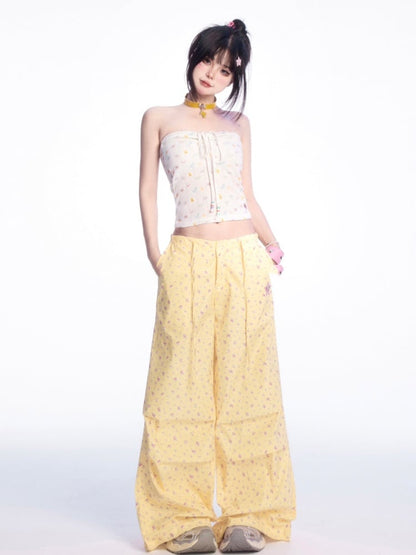 ライトイエローのドローストリングウエスト花柄ワイドレッグカジュアルパンツ