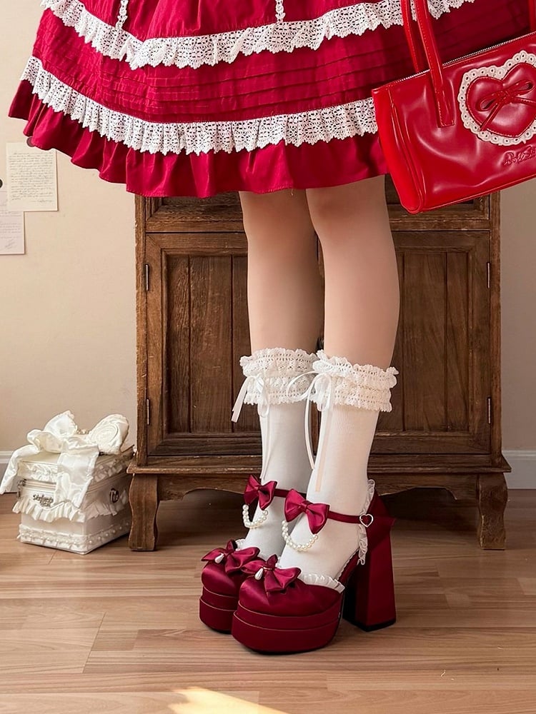 Wine Red Lolita Style Witch Diary Pearl Chain & Lace Bow Accent 12cm Heels - Witch's Night