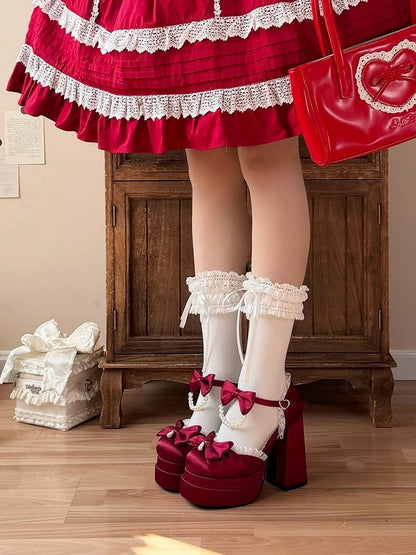 Wine Red Lolita Style Witch Diary Pearl Chain & Lace Bow Accent 12cm Heels - Witch's Night