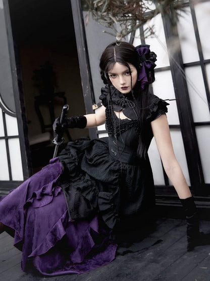 Voller Jacquard-Saum Qi Rüschen Set Schwarz Qipao Cthulhu Lolita Kleid Vibes Lila Trim Cascading