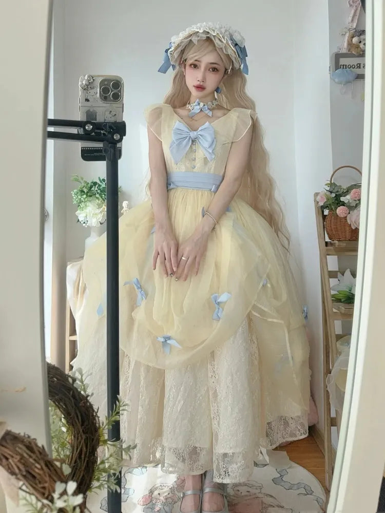 Lolita V-neck Blue Belle with Yellow Princess Detachable Dress Bows