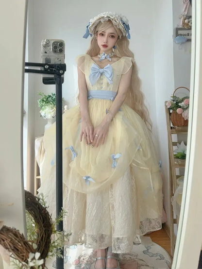 Lolita V-neck Blue Belle with Yellow Princess Detachable Dress Bows
