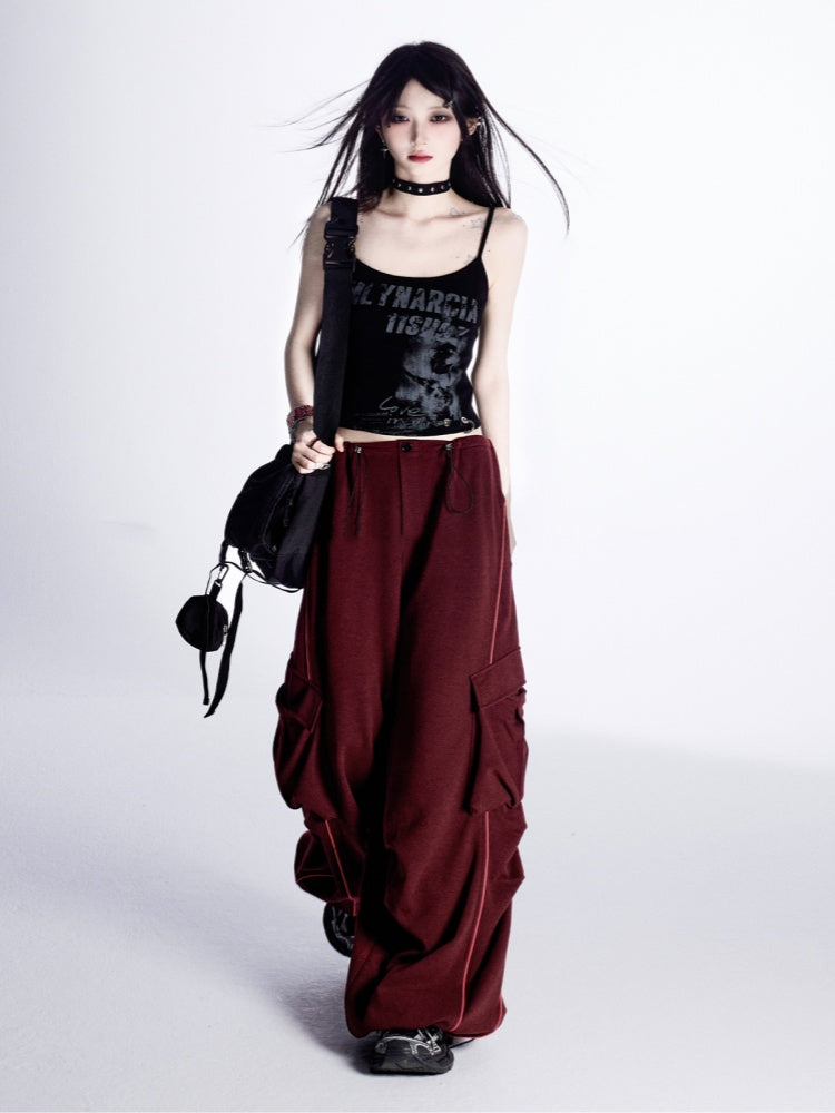 Rot/Schwarzes Vintage-Camisole-Top mit Buchstabendruck, glamourös