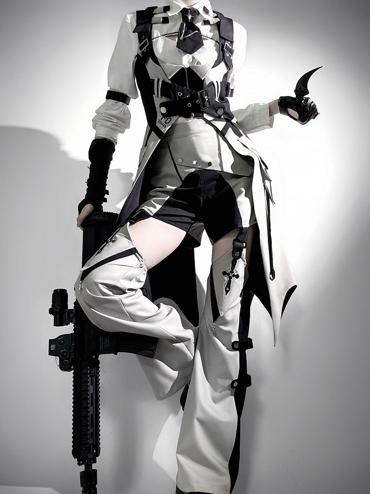 Techwear Style Black and Gray Long Sleeve Outfit with Vest and Shorts - Unknown Star