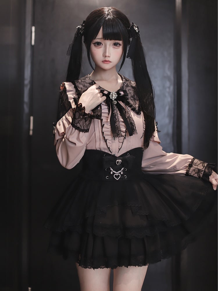 Black Shoulder Kei Pink with Collar Lace Cutouts Pointed Blouse Jirai Gothic