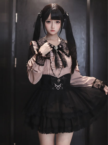 Black Shoulder Kei Pink with Collar Lace Cutouts Pointed Blouse Jirai Gothic