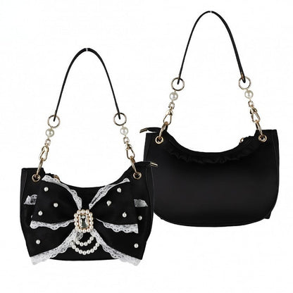 Accent Lolita Decor Shoulder Black Bag in Satin Bow Sweet Rhinestone Beads