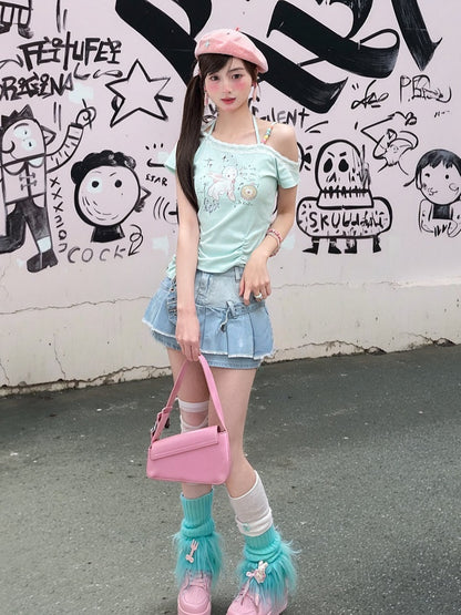 Y2K Adorable Lamb Print Mint Green Asymmetrical Neckline T-Shirt
