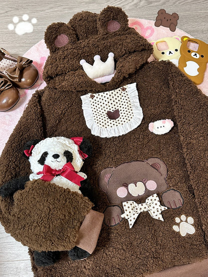 Brown Plush Fleece Hoodie with Bib Design