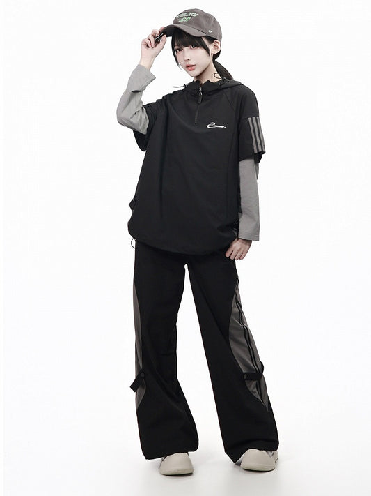 Black Breathable Straight Pants with Mesh Accents - PINK SAVIOR