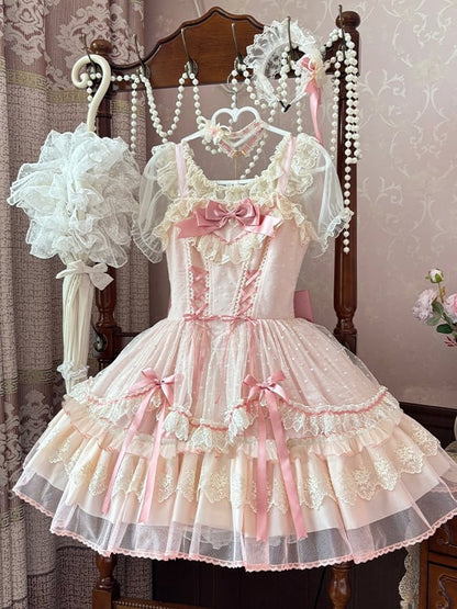 Süßes Lolita-Kleid mit Schleife, flatterndes rosa Mieder mit Schnürung, hoch taillierte Ärmel mit großem, abnehmbarem Pulloverrock