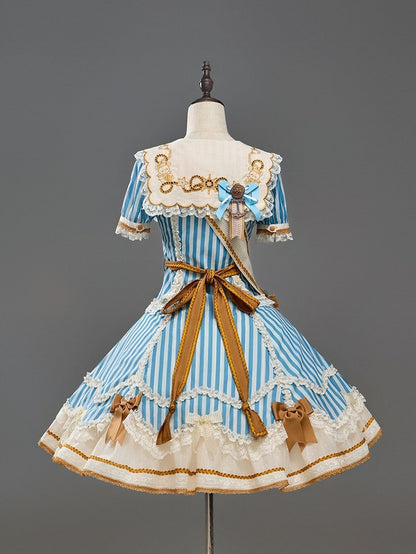 Sailor Bear Theme Striped Dress with Bow Embroidery - Twin Bear Original Design