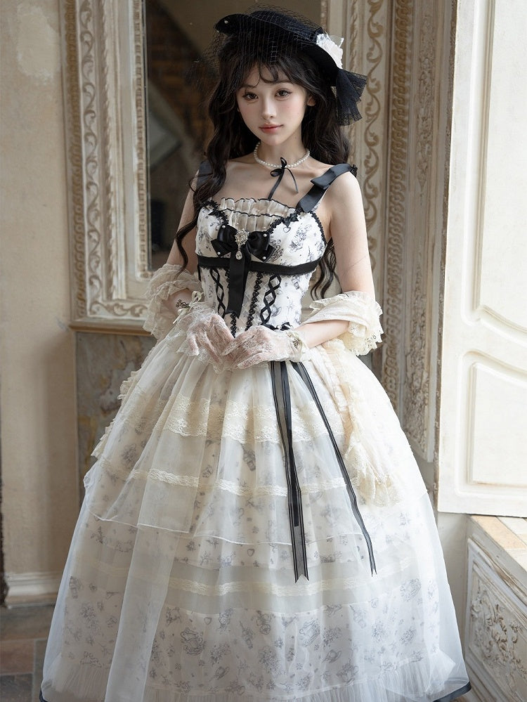 Champagne Bow Lace JSK Set with Cape and Pearl Hat - Sweetheart Macaron Lolita