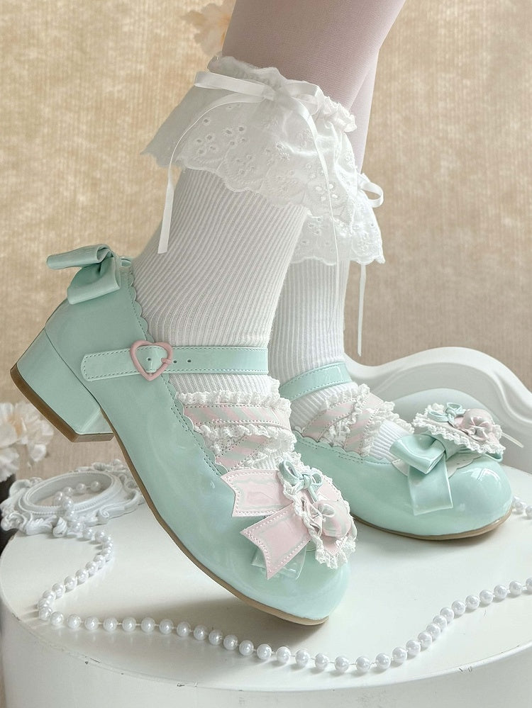 Green Leather Candy Clip PU Shoes Sweet Mint Low-heel Pink Heart with