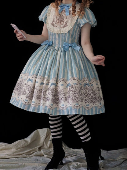 and Floral Blue Embroidery Classic One Bowknot Piece Striped Bodice Version Lolita Short Pattern