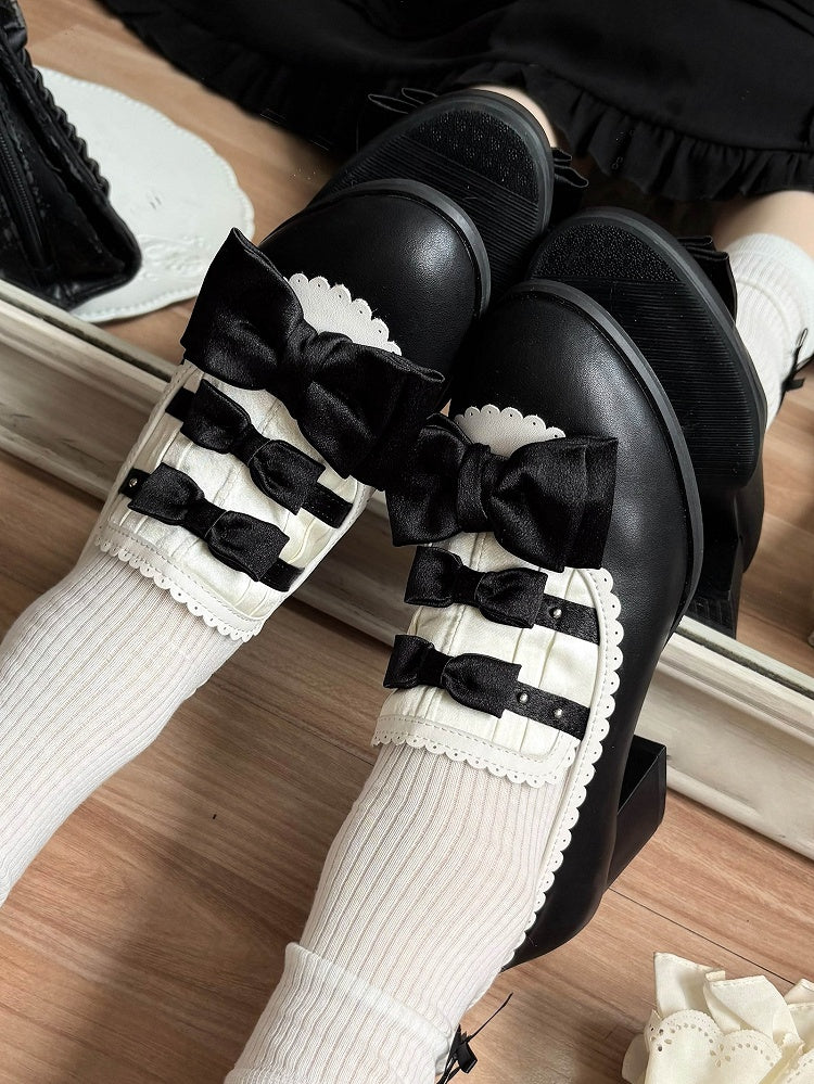 Bow Mid-heel Elegant Shoes Slip-on Lolita Scalloped Hem Accents White Black