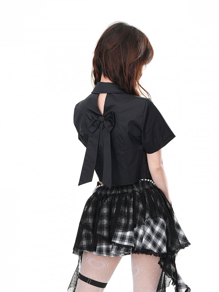 Black/White Cutout Back Glamorous Cropped Top with Big Bow at Back
