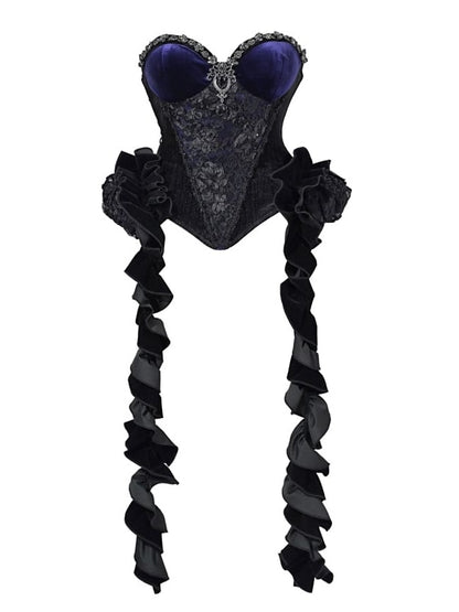 Black - Velvet Corset Sparkling Purple Handcrafted Romantic Goth and Rhinestones Beading