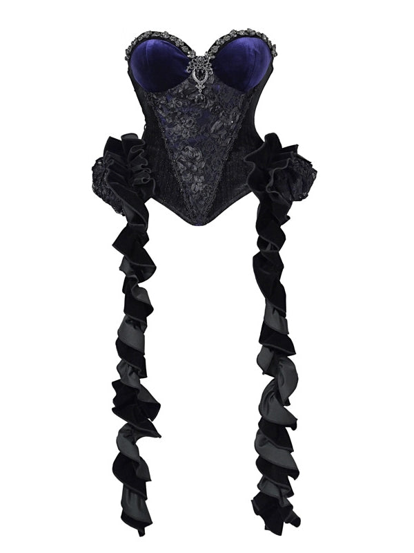 Romantic Goth Black Purple Velvet Corset with Rhinestones Beading - Blood Supply