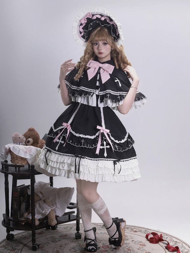 Short Sleeve Peter Pan Collar Lolita OP with Cross & Bow Accents in Black & Pink - MUYU