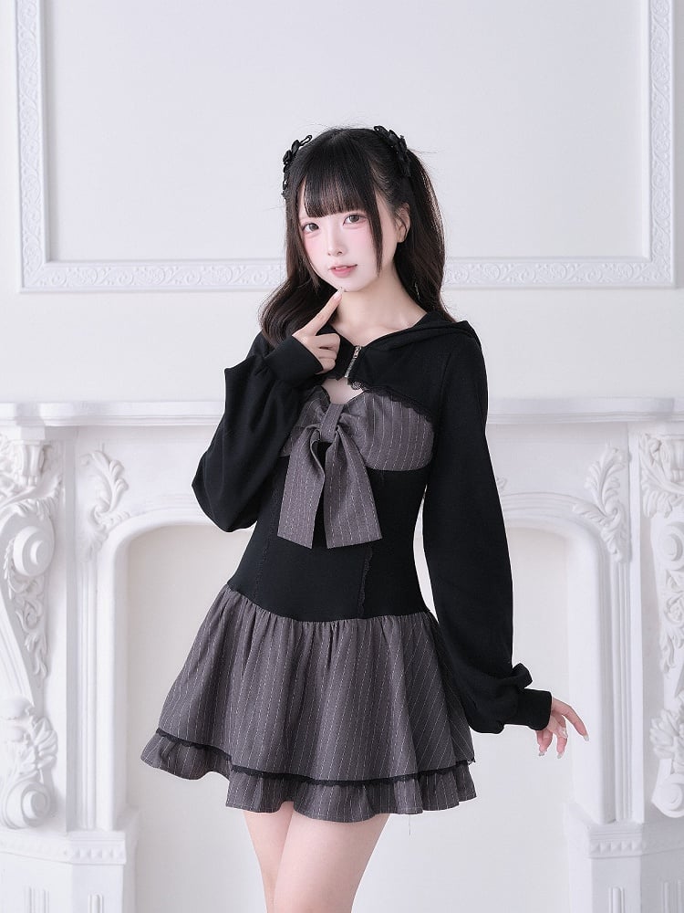 Long Design Sleeve With Black Hooded Jirai And Dress Kei Gray Striped