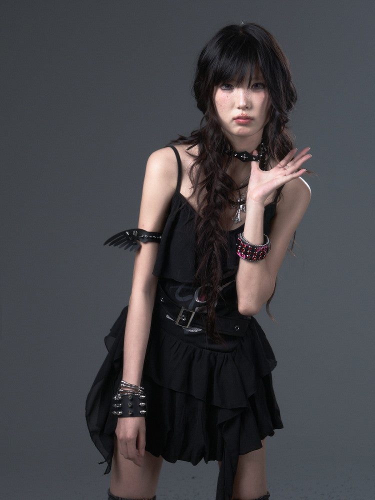 Straps Thin Black Print Slim-fitting Shoulder Top Cami - Floral Ruffled Trim