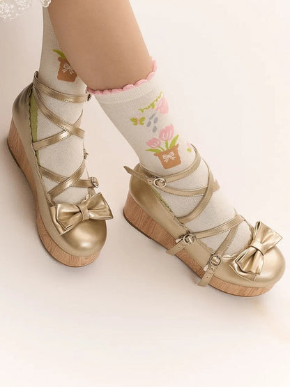 Design PU Shoes with Sweet Bow Lolita Crisscross Golden Accent Platform Wedge