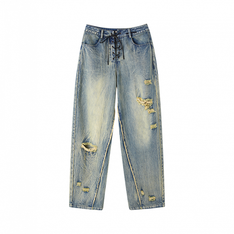 Blaue Vintage-Jeans mit tiefem Bein und Schnürung in der Taille, verblasste Waschung, Distressed-Löcher