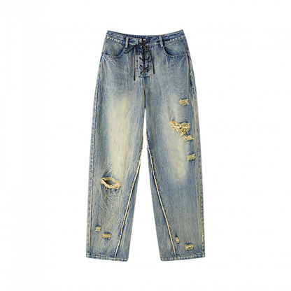 Blaue Vintage-Jeans mit tiefem Bein und Schnürung in der Taille, verblasste Waschung, Distressed-Löcher