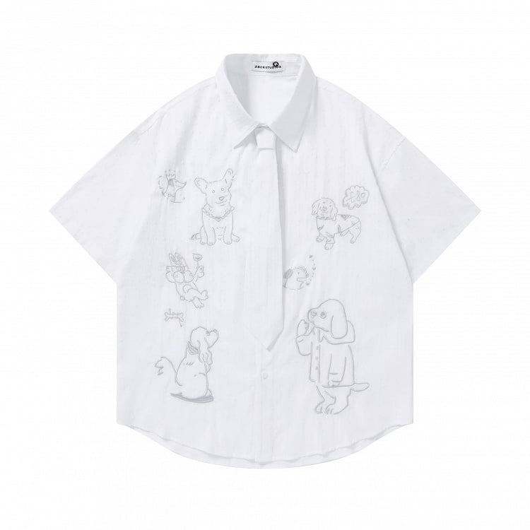 White Puppy Embroidery Short Sleeve Shirt with Tie - Languid Park