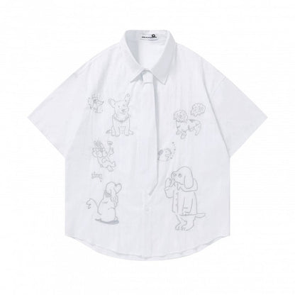 White Puppy Embroidery Short Sleeve Shirt with Tie - Languid Park