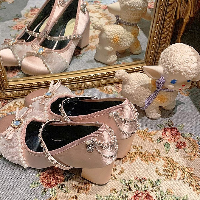 High-heel Sweet Mary Bow Accents Dark Pink Details Rhinestones Lolita with Jane Shoes