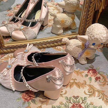 High-heel Sweet Mary Bow Accents Dark Pink Details Rhinestones Lolita with Jane Shoes