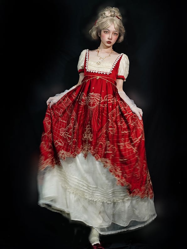 One Beige Elegant Lolita Piece Celestial Red and Classic Map Embroidery Empire Waist Wine Delicate Gold