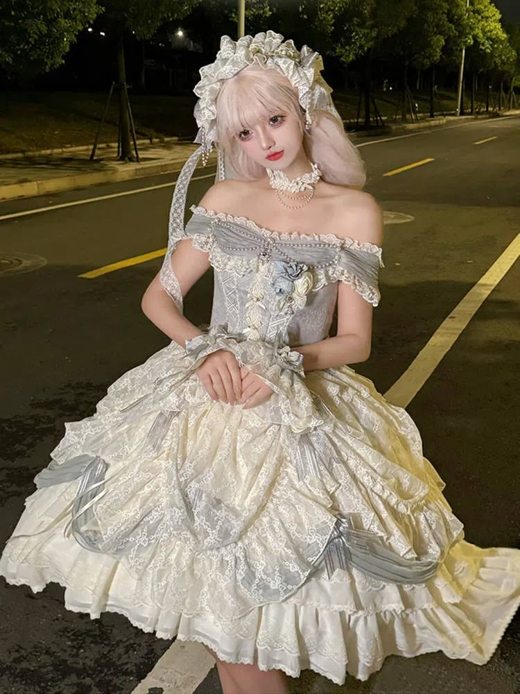 ダスティブルーのコルセットウエスト花嫁プリンセスロリータハイローレイヤードヘムドレスショートバージョン