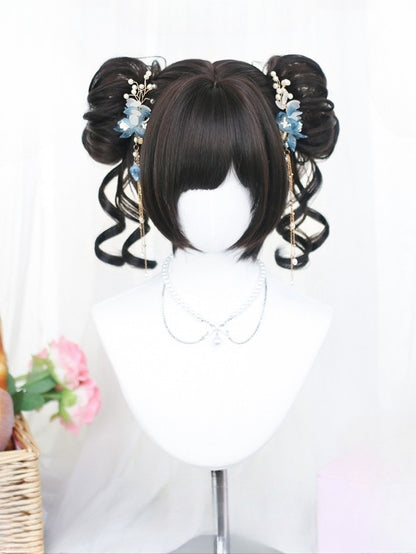 With Double Wig Short Tea 20-25CM Black + Length Clips Claw Straight Bangs Wavy
