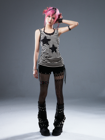 Punk with Shorts BlackWhite Studs Kint Striped Details Drawstring