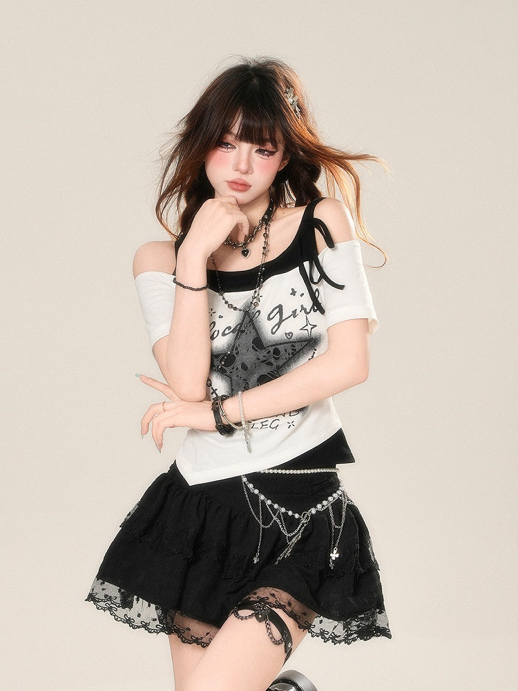Shoulder T-Shirt Black and White Star Print Cutout Glamorous Faux Two-pieces